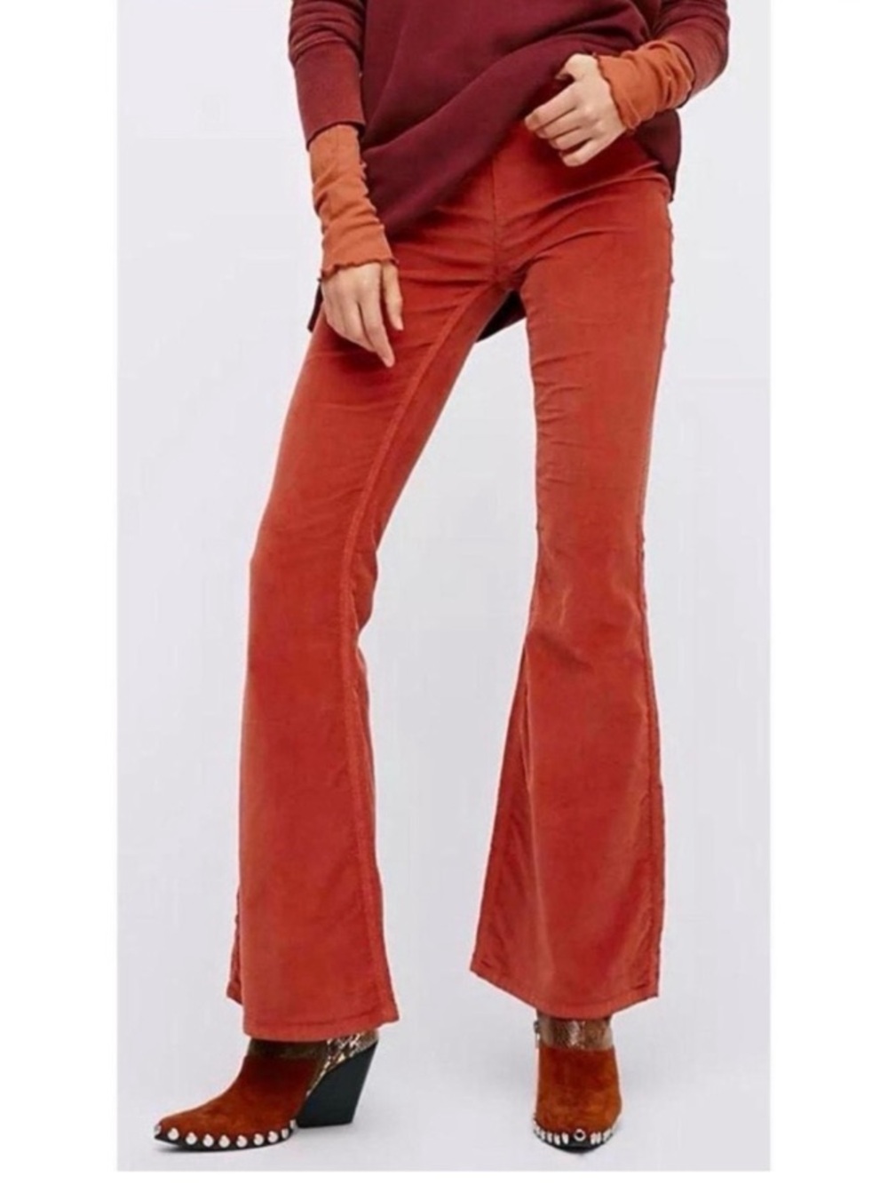 Free People We the Free Jayde Corduroy High Rise Flared Pants Burnt Orange 30